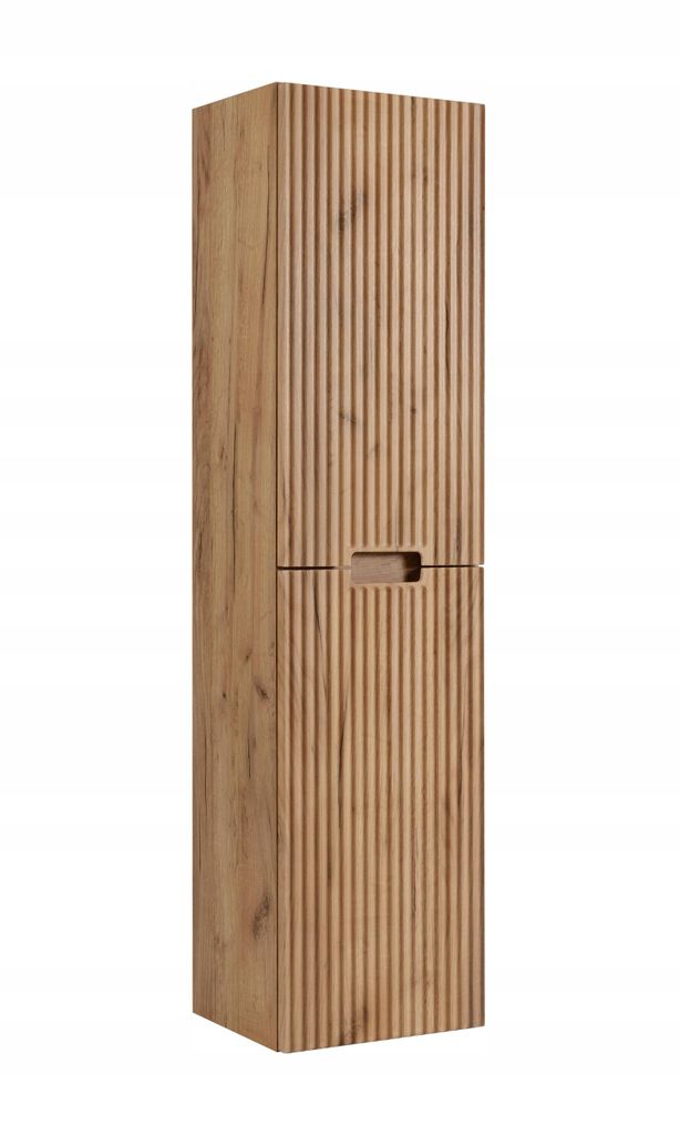 A tall, narrow cabinet with a fluted front and a wooden finish, shown against a white background.