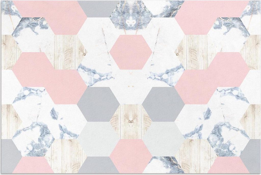 Pastellfarbene Sechsecke mit Marmor – Vinylteppich – 150x225 cm – Outdoor Teppich – Terrasse – Wetterfest – Modern