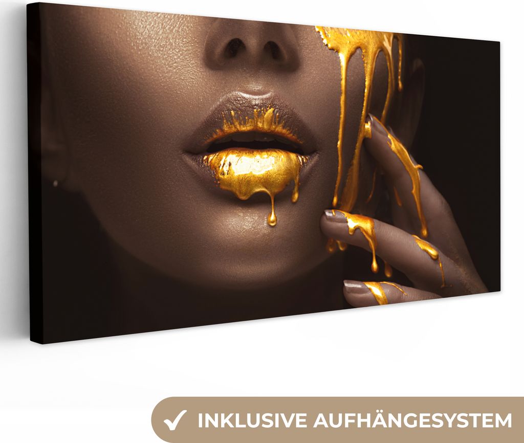 MuchoWow - Leinwandbilder - Gold - Frau - Farbe - Lippen - Luxus, Wandbild, Wanddeko Bilder Wohnzimmer, 80x40 cm