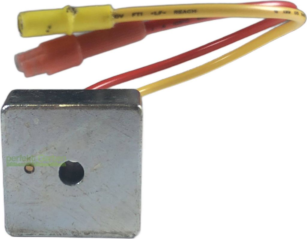 A square metal component with wires and connectors attached, isolated on a white background.