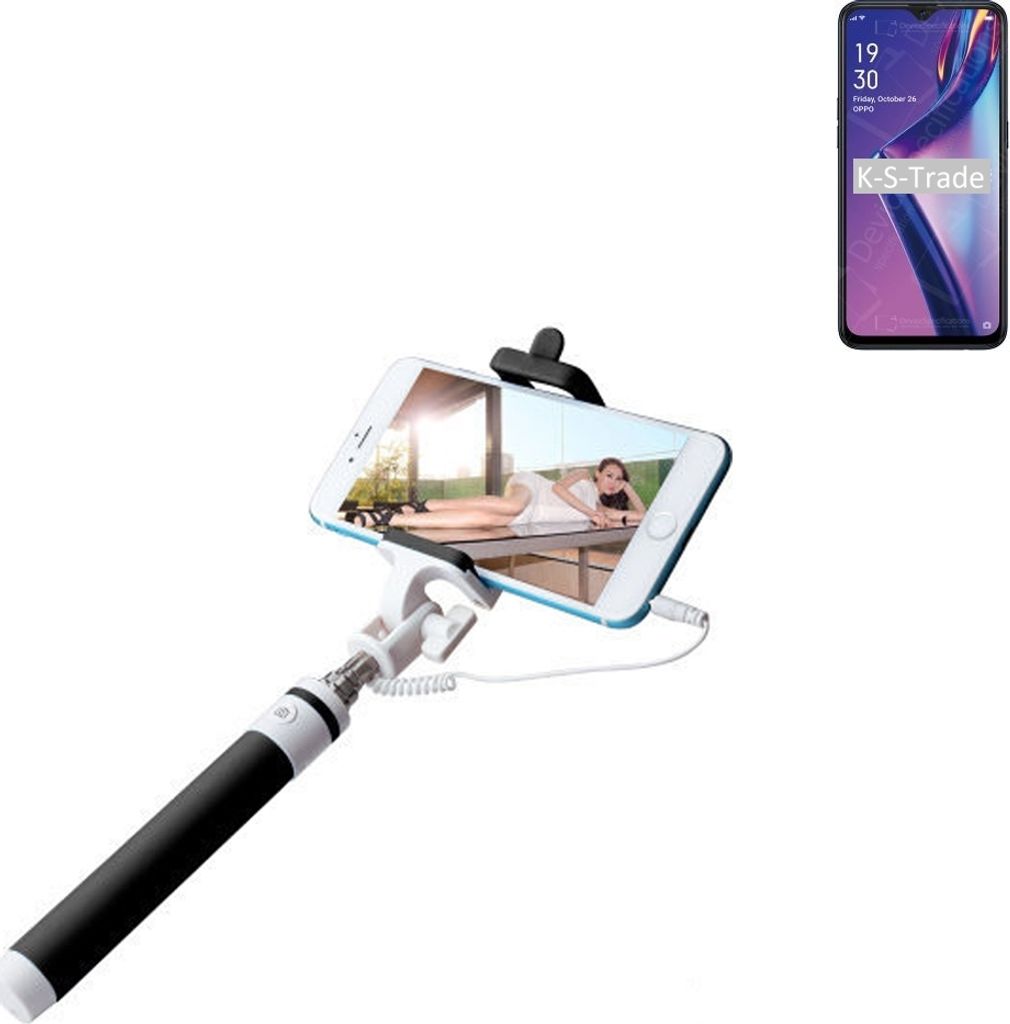 K-S-Trade Selfie Stick kompatibel mit Oppo A12s Selfiestick kabelgebunden Monopod mit Kabel Stab Stange Selfportrait Handheldstick schwarz 1x