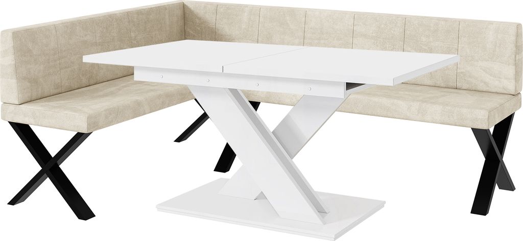 MEBLINI Eckbank für Esszimmer mit ausziehbarem Tisch - Küchenbank - Essecke - Sitzecke Küche - PETER - X-Beine 142x196x87cm Links - Creme Samt/B...