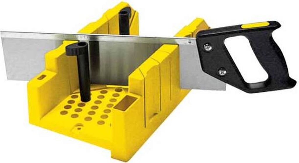 A yellow miter box with a saw inserted, shown against a white background.