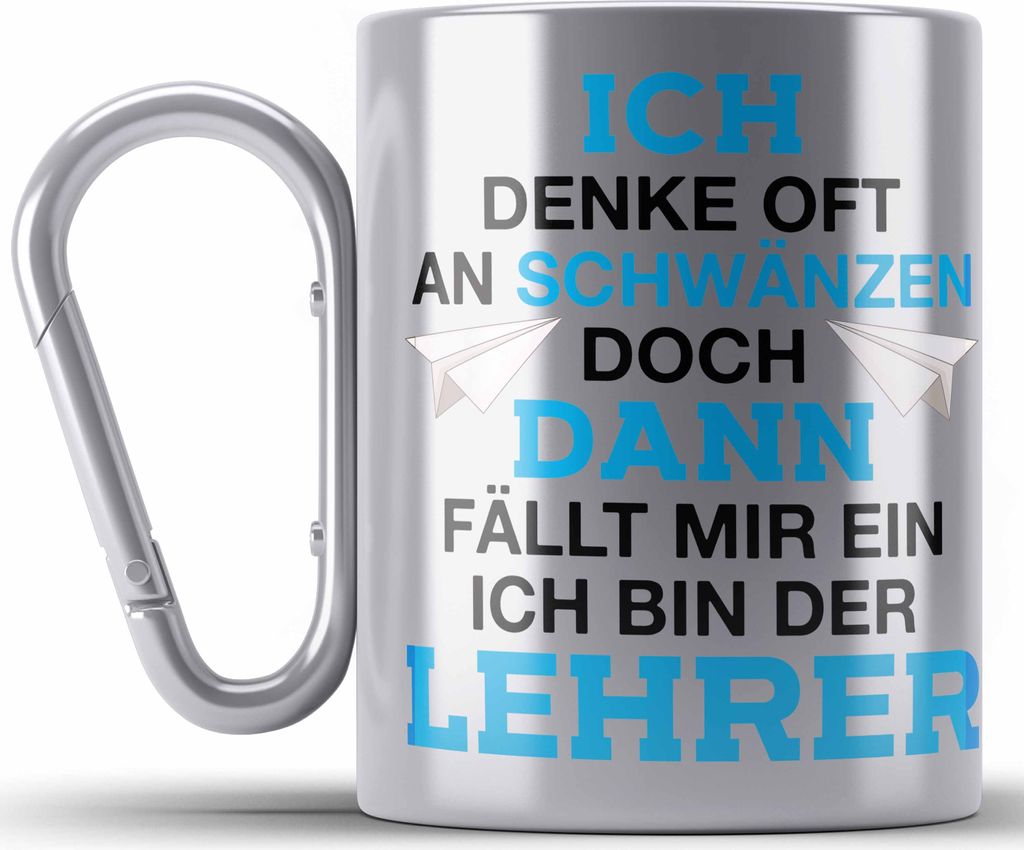 Trendation - Lehrer Geschenk Abschied Klassenlehrer Edelstahl Tasse Karabiner Geschenkidee Weihnachten Geburtstag (Silber)