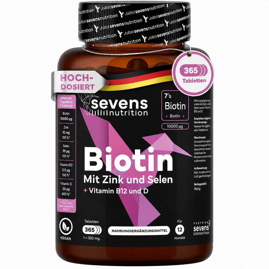 Biotin hochdosiert 10.000 mcg - Biotin Zink Selen B12 - Tabletten für Haarwuchs, Haut & Nägel, 365 Tabletten für 1 Jahr, Nahrungsergänzung ohne...