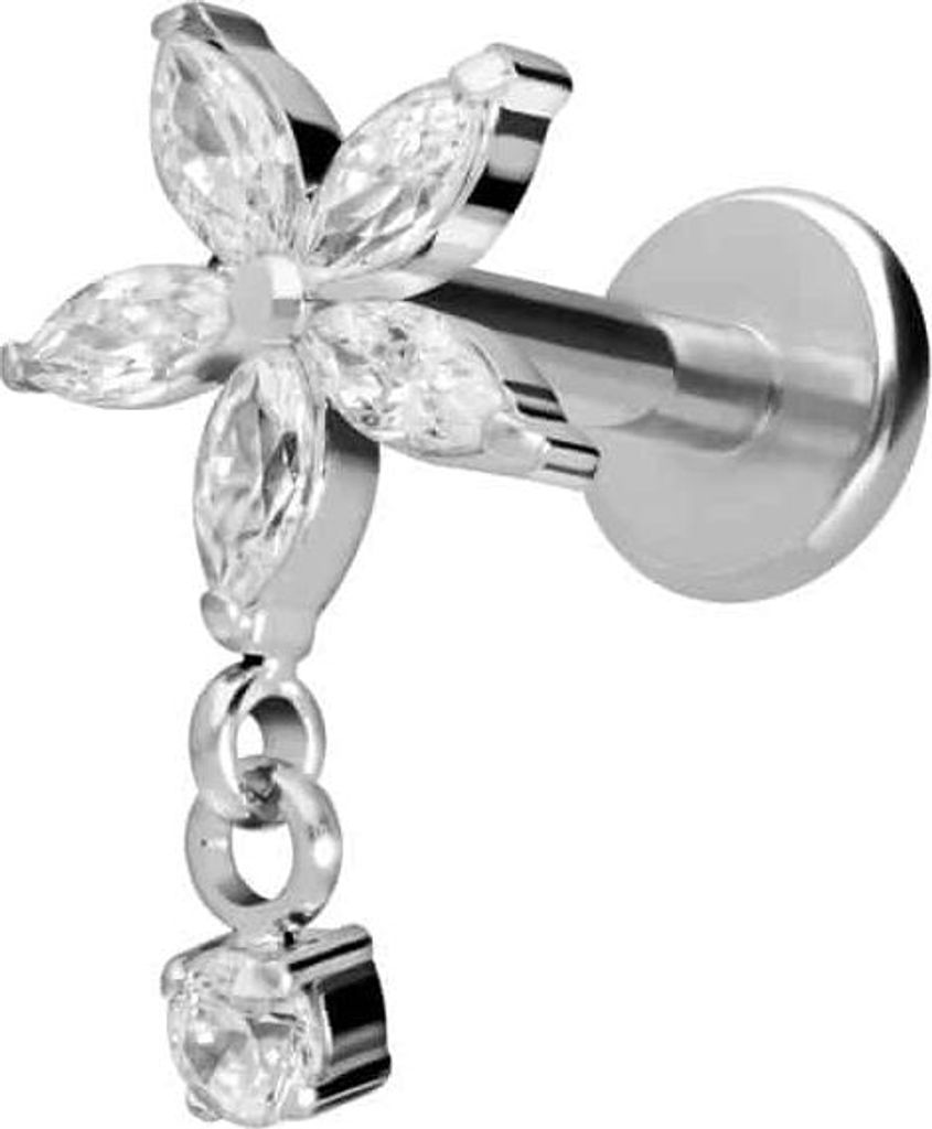 Ohrpiercing, Nasenpiercing Titan Labret mit Innengewinde KRISTALLBLUME + KRISTALL Silber Stablänge: 8mm | Stabstärke: 1,2mm