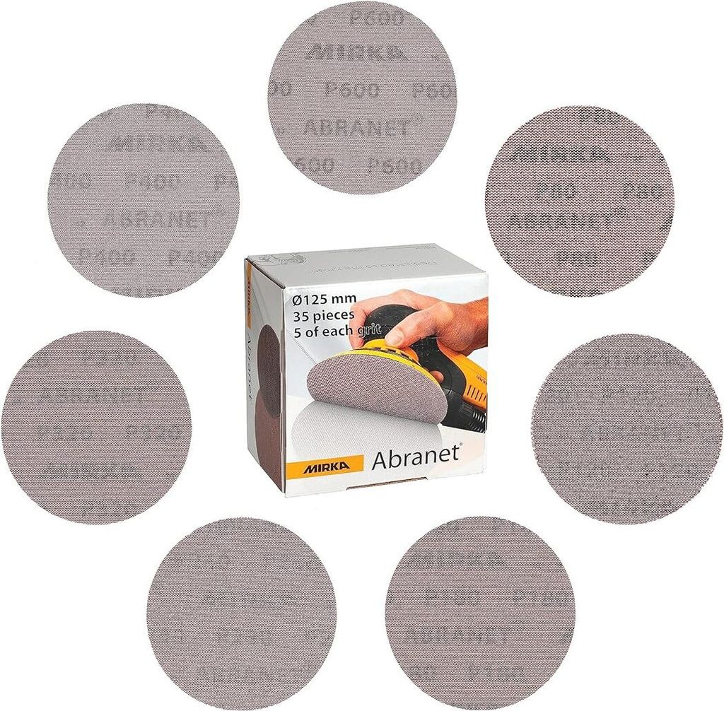 Mirka Abranet Netzschleifscheiben Ø 125 mm Klett / Mix-Pack 5 von jeder Körnung 80, 120, 180, 240, 320, 400, 600 / 35 Stk / Für alle 125mm Exzen...