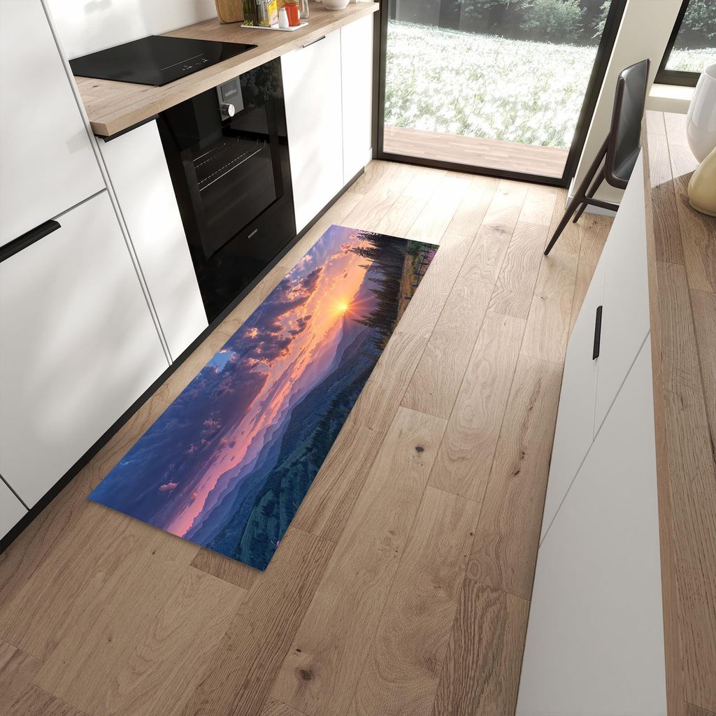 Küchenteppich 60x180cm rutschfest & abwischbar PVC Läufer - Sonnenuntergang Wiese