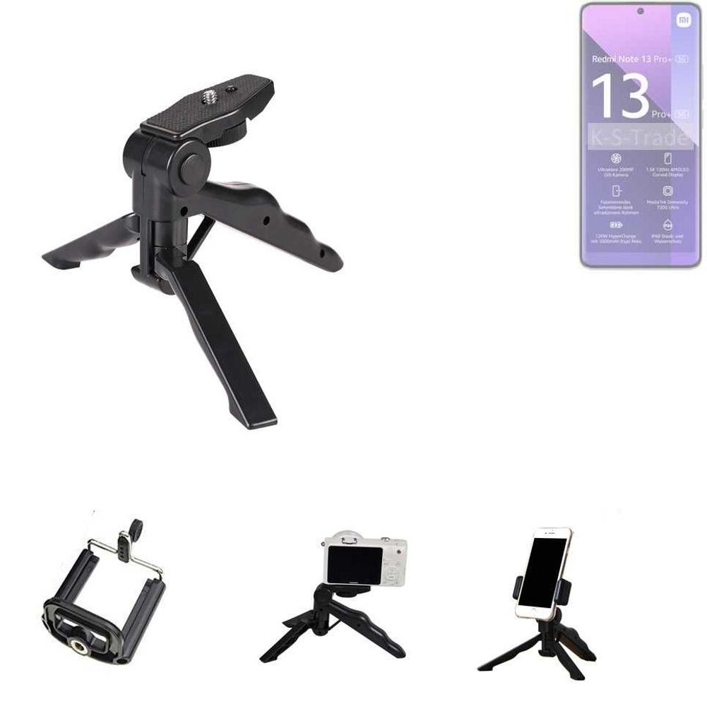 K-S-Trade Stativ Tisch-Ständer Dreibein Handy-Stativ Ständer kompatibel mit Xiaomi Redmi Note 13 Pro+ Mini-Stativ Smartphone Tripod Handy-Stativ aus