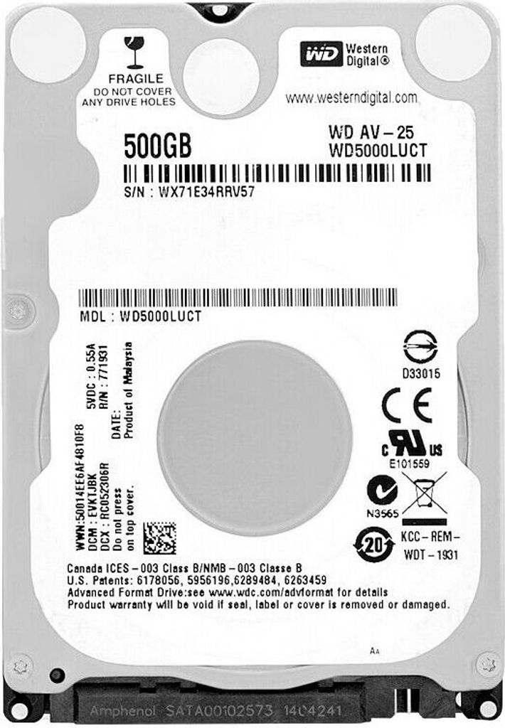 WD AV-25 HDD da 500 GB CE, 5400 rpm, SATA (Serial ATA), 16 Immagine del prodotto 