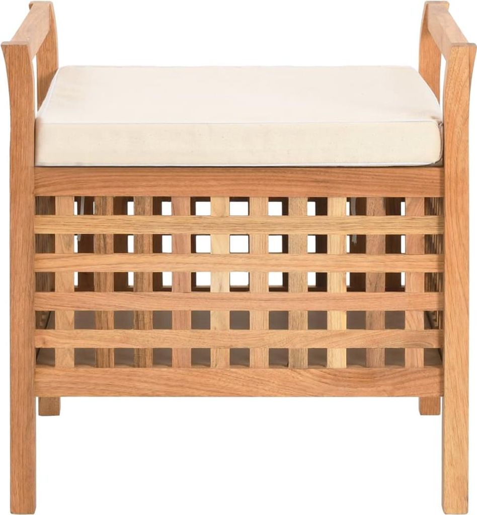 A wooden bench with a beige cushion on a white background.