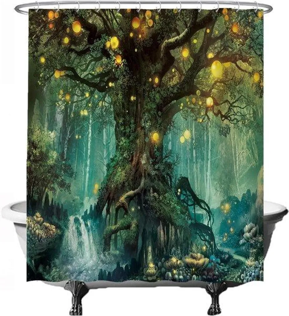 Rideau de douche imperméable et lavable 180x200 cm, motif jaune et vert