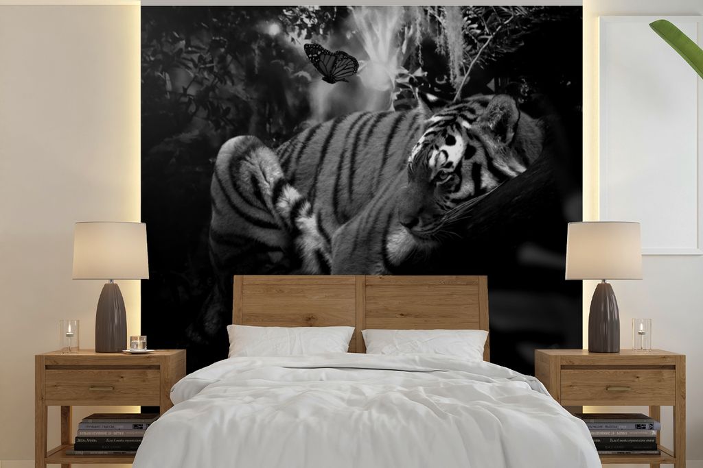 MuchoWow Fototapete für Wohnzimmer oder Schlafzimmer Wandtapete Vinyl Motivtapete Schmetterling - Dschungel - Tiger - Schwarz - Weiß - 280x280 ...