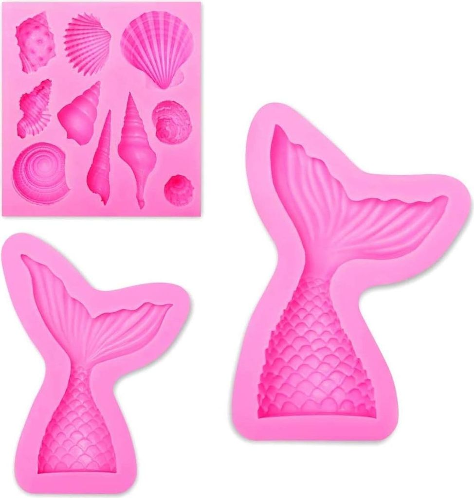 3 Stück Muschelform und Meerjungfrauenschwanz, Silikonform, Fondant, weiche Silikonformen, Fondant, Dekoration, Kochen
