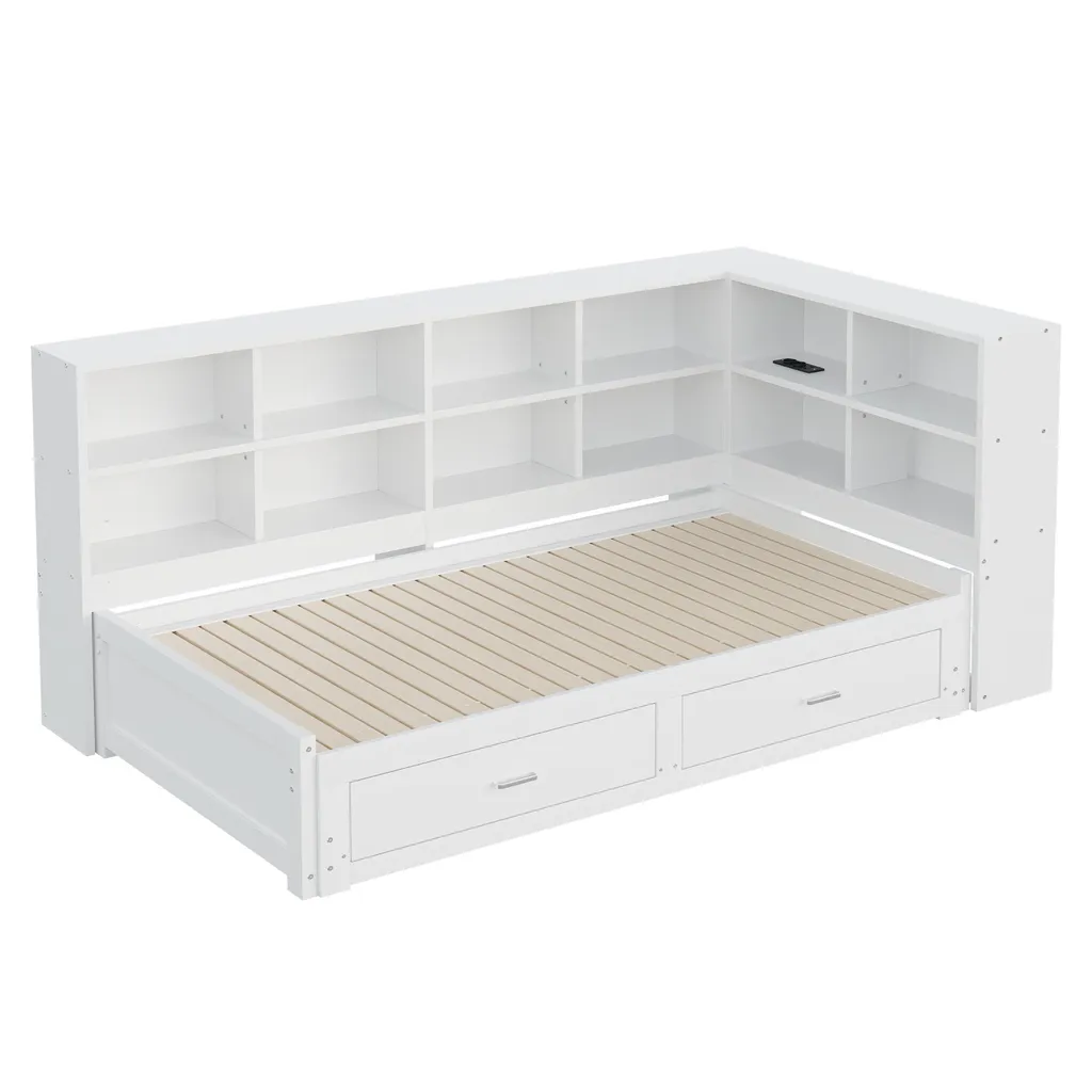 Lit 90x190cm blanc bois : solution gain de place avec tiroirs et USB - 6