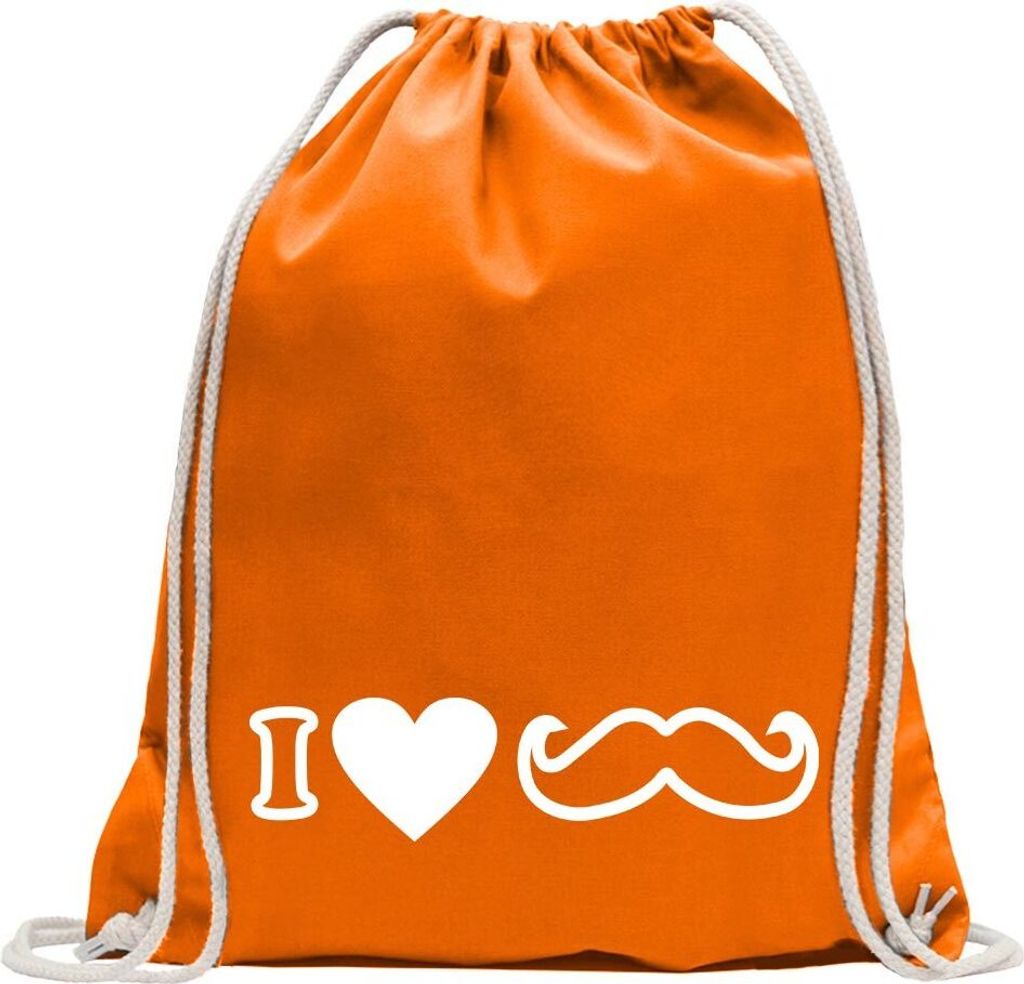 Kiwistar - Turnbeutel - mandarin - I Love Mustache - Fun Rucksack Sport Beutel Gymsack Baumwolle mit Ziehgurt