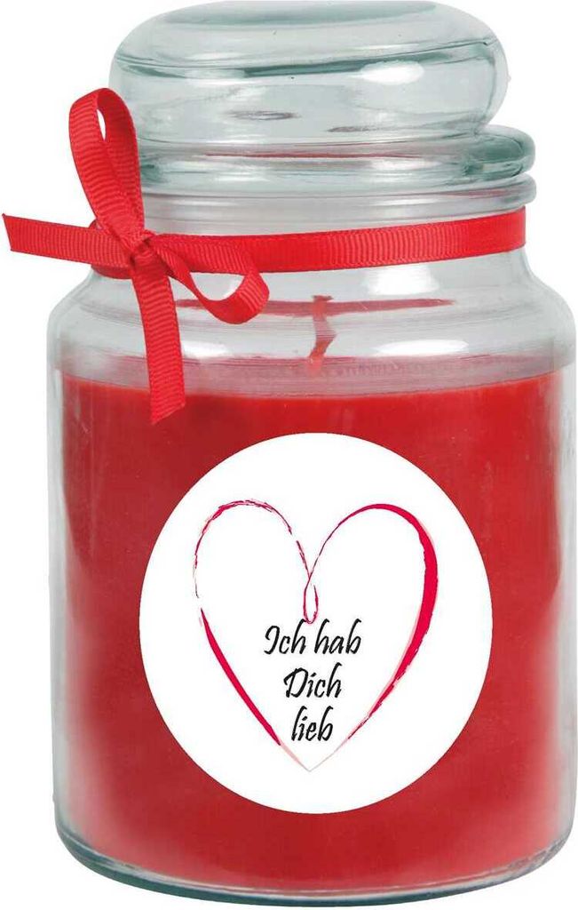 Duftkerze im Bonbonglas "Herzen", Duft: Rose ( Rot ), 500g - Brenndauer bis zu 110 Stunden