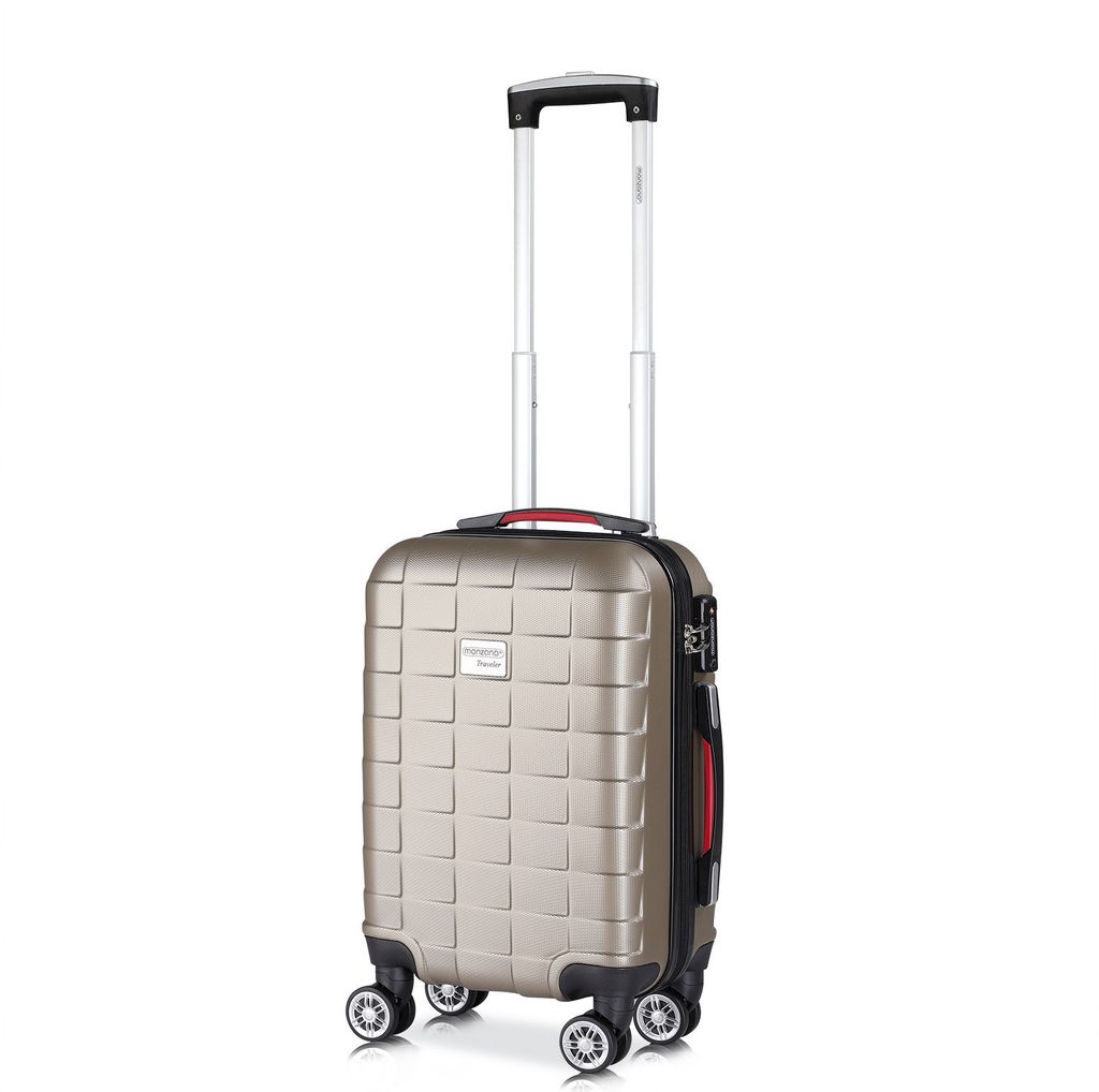A gold-colored carry-on suitcase with a telescopic handle and wheels, presented against a white background.
