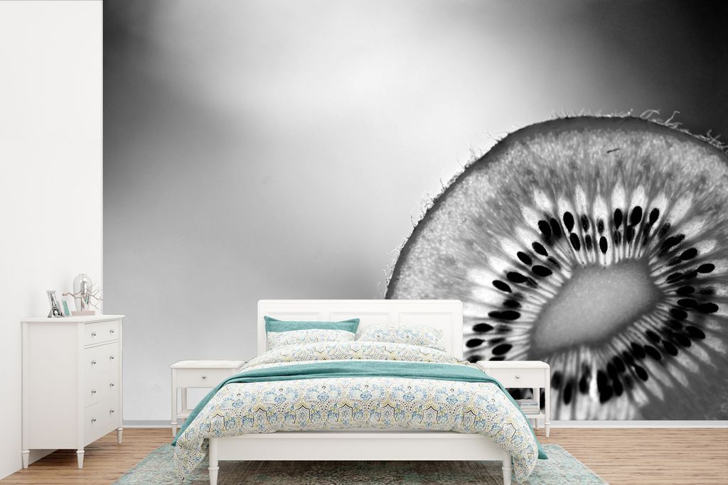 MuchoWow Fototapete für Wohnzimmer oder Schlafzimmer Wandtapete Vinyl Motivtapete Dünne Scheibe Kiwi, durch die das Licht scheint - schwarz und...