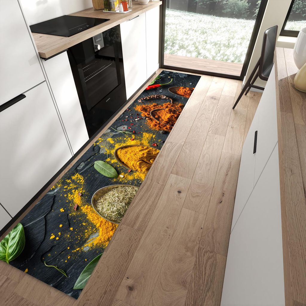 Küchenteppich 60x300cm rutschfest & abwischbar PVC Läufer - Gewürze Löffel Mix