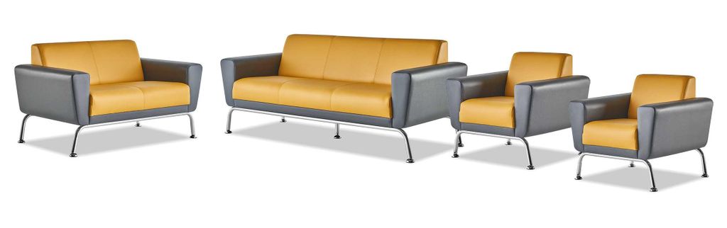 Sofa-Set 3-Sitzer 2-Sitzer Sessel Gelb Grau Edelstahl Leder Holz Modern