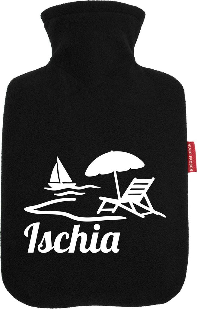 Huuraa Wärmflasche Ischia Inselmotiv Italien 1,8 Liter Black Classic Veloursbezug Bettflasche Geschenkidee