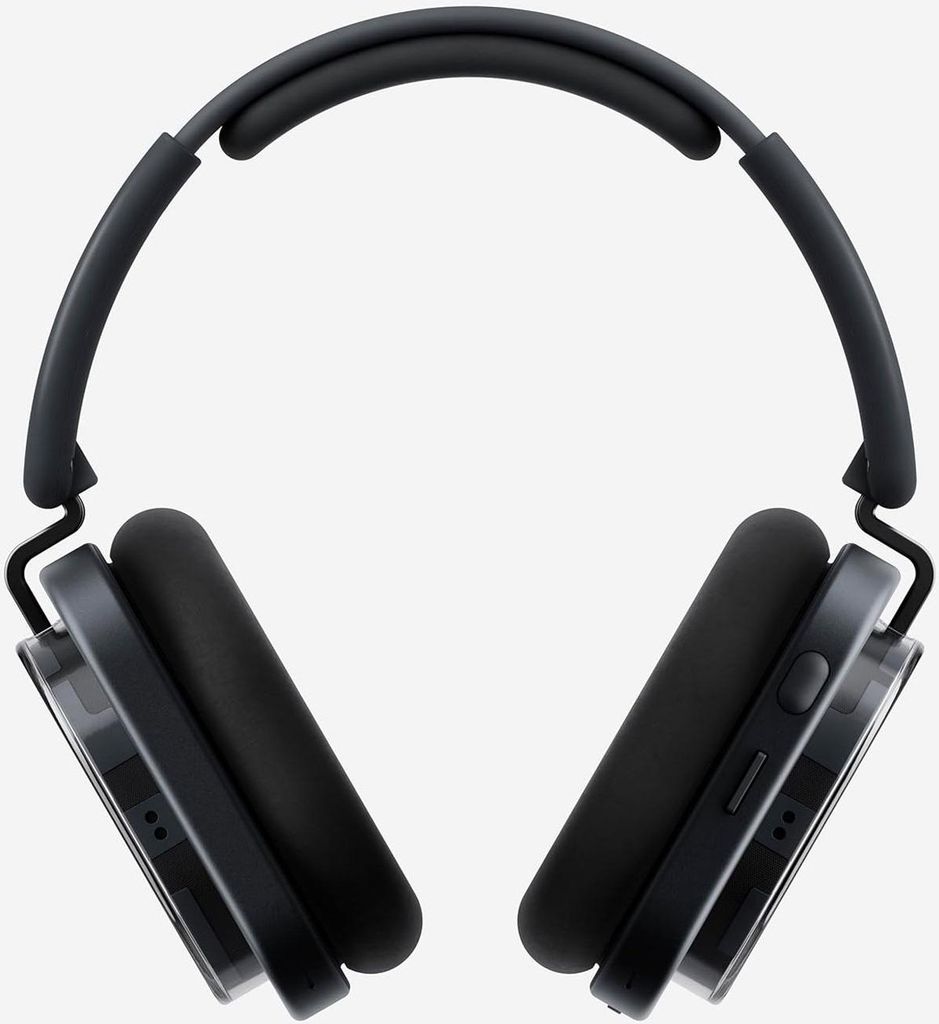 A pair of black headphones is shown against a plain light gray background.
