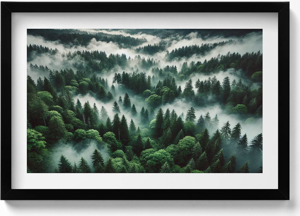 Landschaft mit Morgennebel im Wald– Wandbild mit Rahmen – Gerahmtes Bild – Wanddekoration – 60x40 cm – Schwarz Rahmen