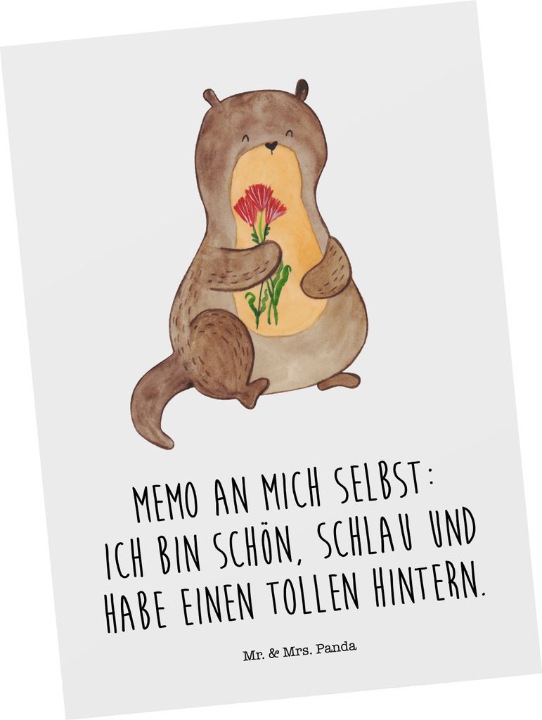 Mr. & Mrs. Panda Postkarte Otter Blumenstrauß - Weiß - Geschenk, Süß, Achtsamkeit, Selbstliebe, Grußkarte, Fotokarte, Seeotter, Positiv, Postk...