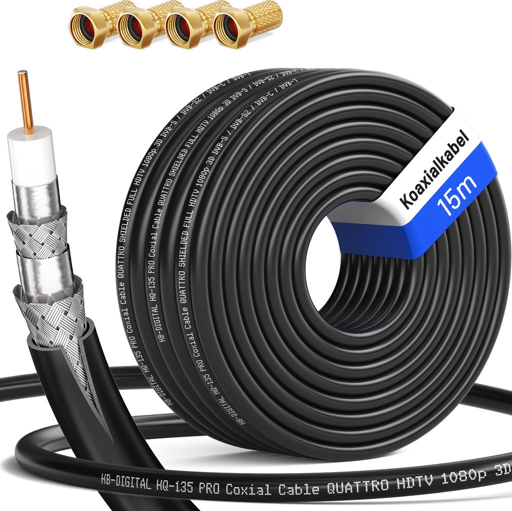 hb-digital 15m Koaxialkabel HQ 135dB 4-Fach Stahl Kupfer schwarz + 4 F-St