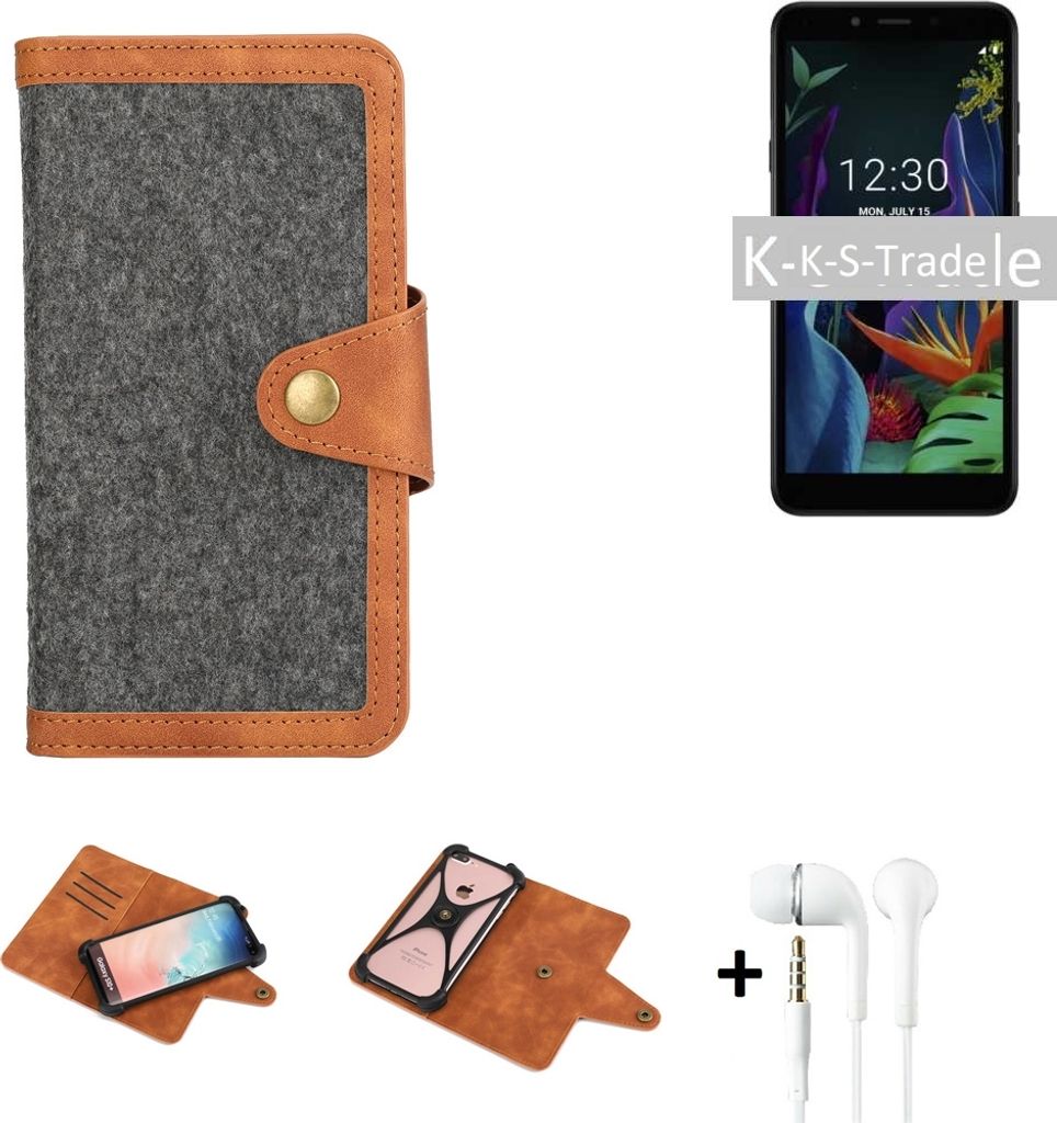 K-S-Trade Handyhülle + Kopfhörer kompatibel mit OnePlus 7 Pro Schutzhülle Filzhülle Kunstleder dunkelgrau braun (1x)