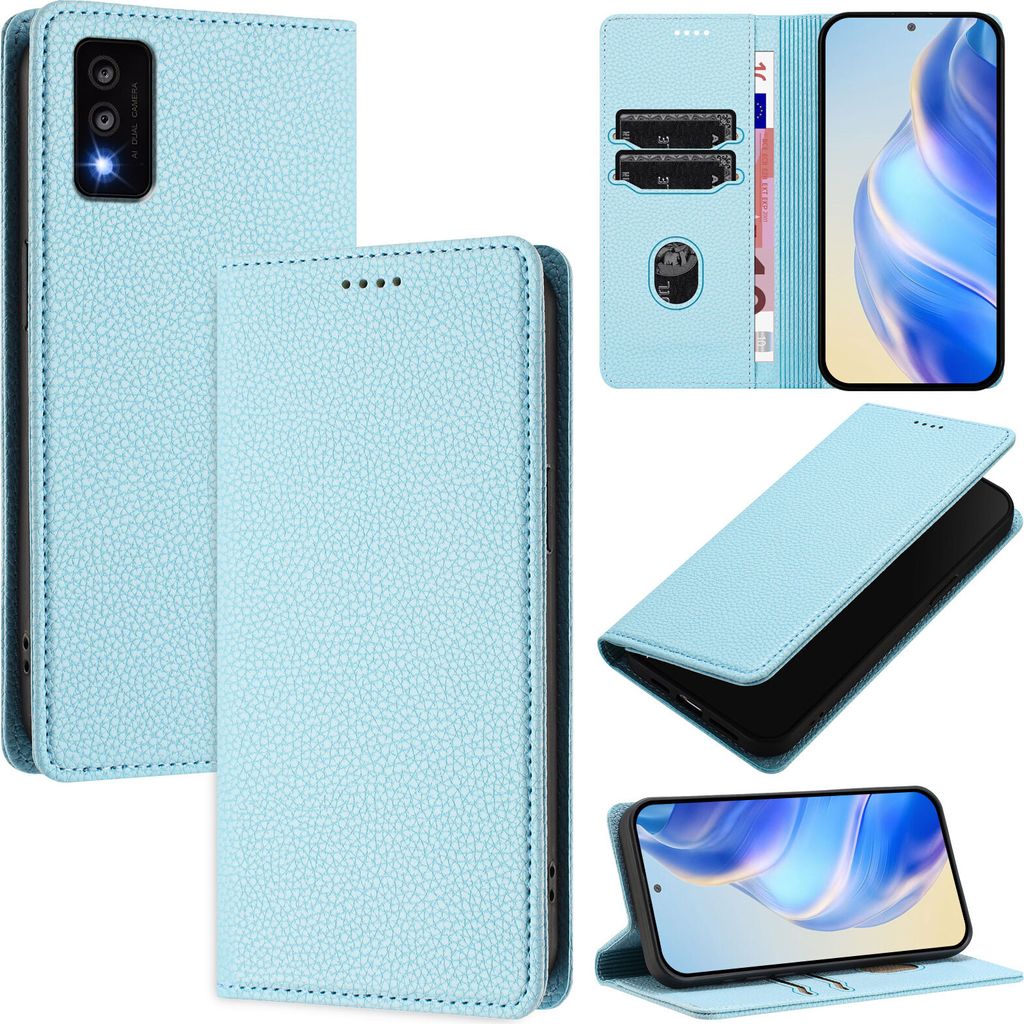 Litchi Leder Handyhülle für TCL 30T Wallet Kartenfächer Standfunktion Hülle Hellblau