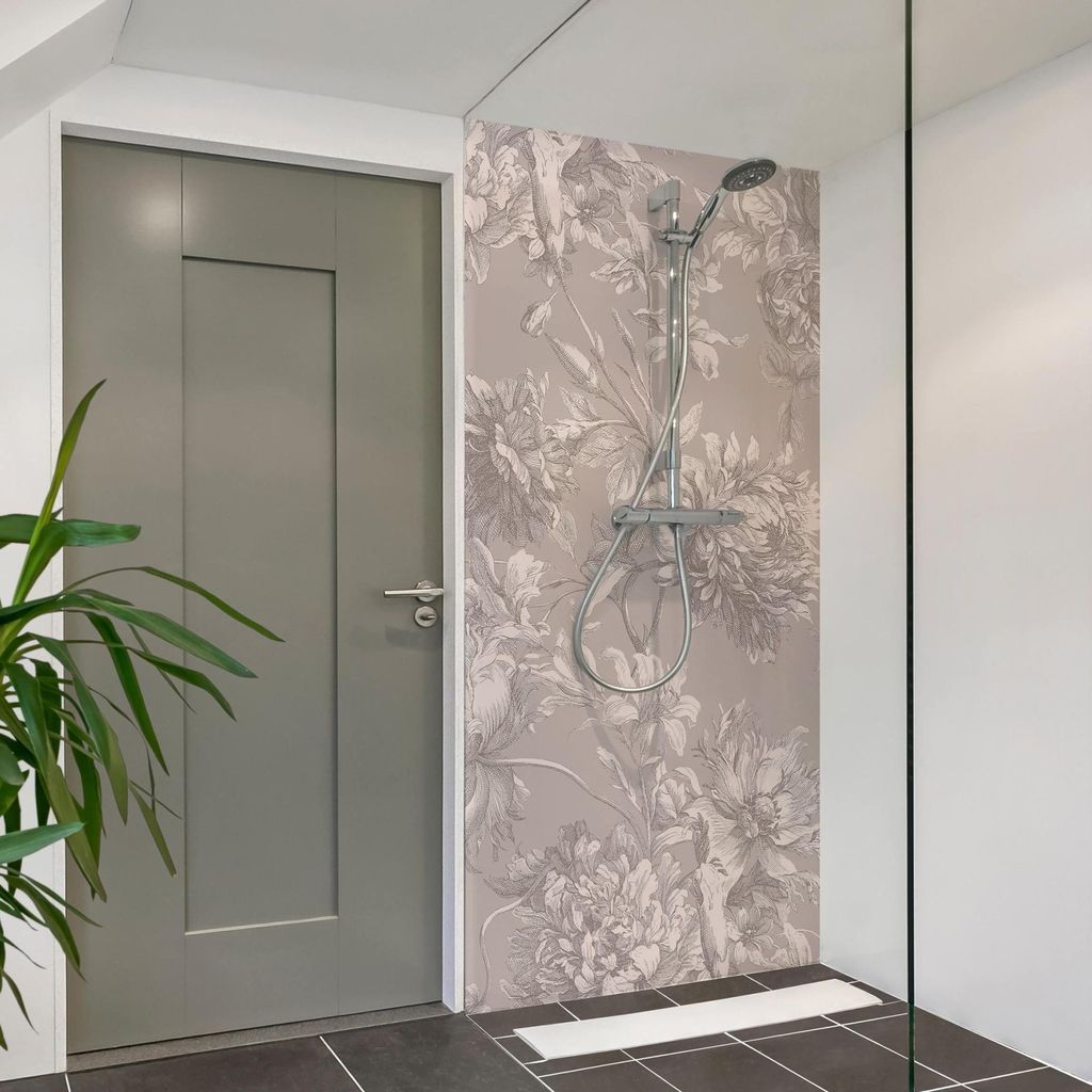 Duschrückwand Blumen selbstklebend - 0.35 mm Wandpaneel wasserfest Design grau Vintage Badrückwand fugenlos Smart matt 110x190 cm