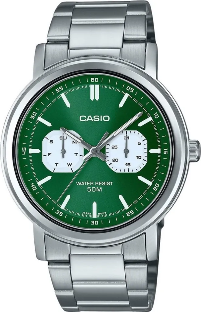 Montre Casio MTP-E335D-3E avec Cadran Vert et Bracelet en Acier Inox