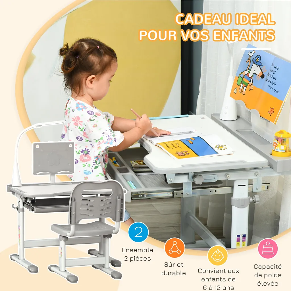 Bureau Enfant Inclinable avec Lampe LED et Support Lecture - Gris Hauteur