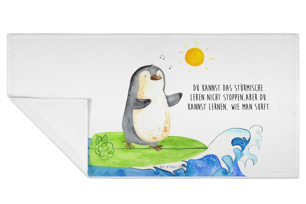 Mr. & Mrs. Panda Handtuch Pinguin Surfer - Weiß - Geschenk, gesichtshandtuch, 50x100, frottee, Urlaub, Wellen Reiten, Optimistisch, Flauschtuch, P...