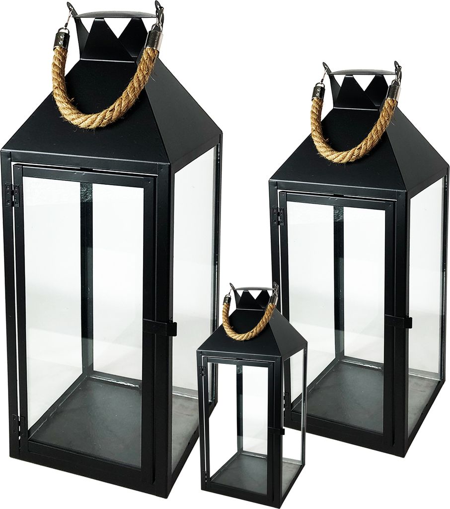 3er Laternen mit Seilgriffen Set Schwarz 25/40/51cm Produktbild 