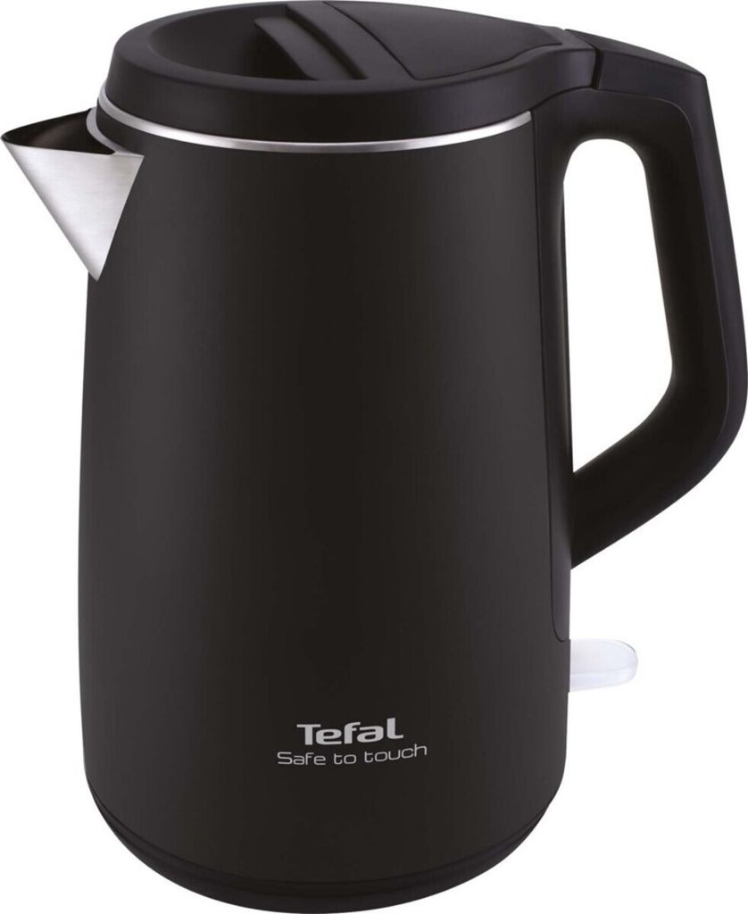 A black electric kettle is shown against a white background.