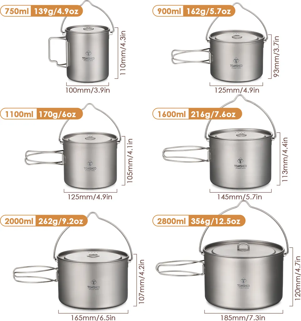 Popote Titane Ultralight 750-2800ml TOMSHOO avec Poignée Pliable et Couvercle