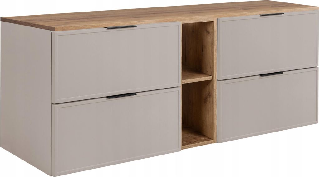 RODAN | Badezimmerschrank - SLIM - 140,6 cm - Kaschmir - 3 Farben von Griffen Enthalten GRATIS - mit brauner Platte und Regal - Hängend