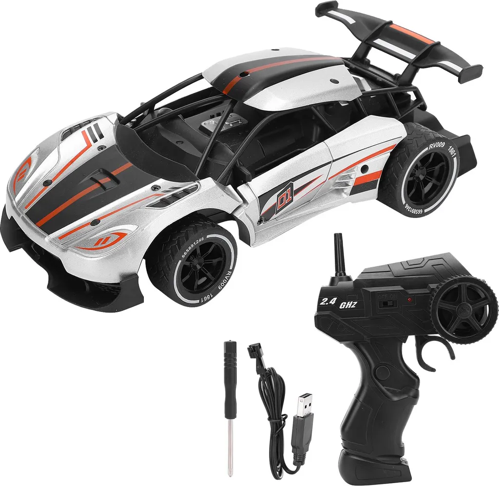Voiture de course RC drift 2,4 GHz en métal argenté pour enfants 1/16