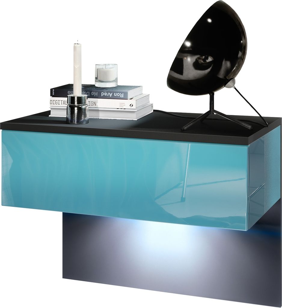 Vladon Nachttisch Sleep, Germany, Nachttischschrank mit Schublade zur Wandmontage, Schwarz matt/Petrol Hochglanz, inkl. LED-Beleuchtung (60 x 46 x...