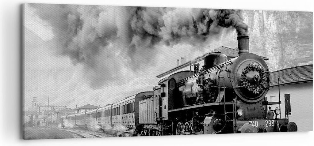 Bild auf Leinwand - Leinwandbild - Einteilig - Zug Schwarzweiß Rauch - 120x50cm - Wand Bild - Wanddeko - Wandbilder - Leinwanddruck - Bilder - Wan...