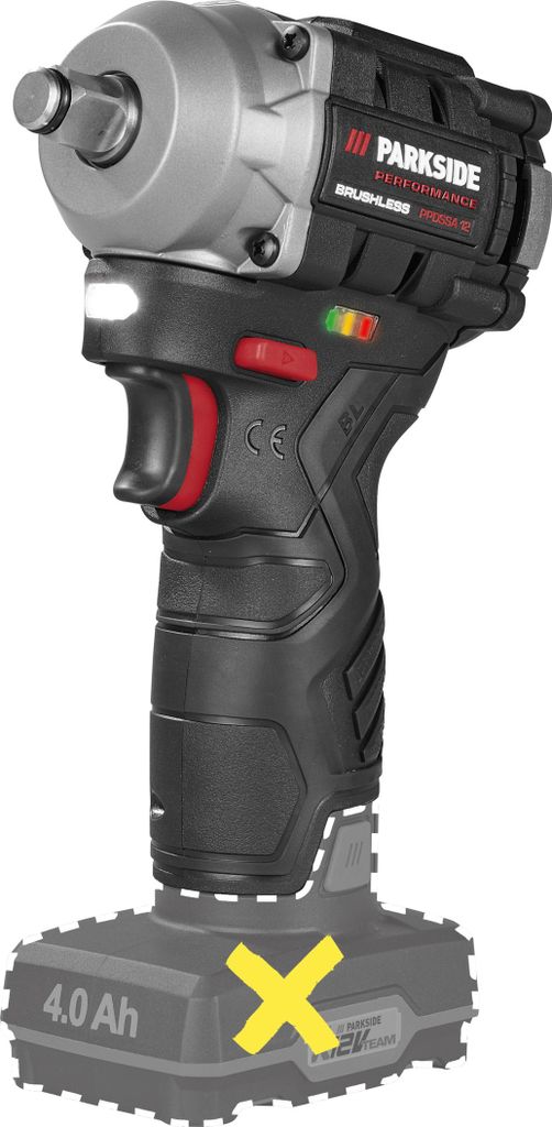 A cordless impact wrench with a battery pack is shown against a white background. A yellow 'X' symbol is overlaid on the battery pack.