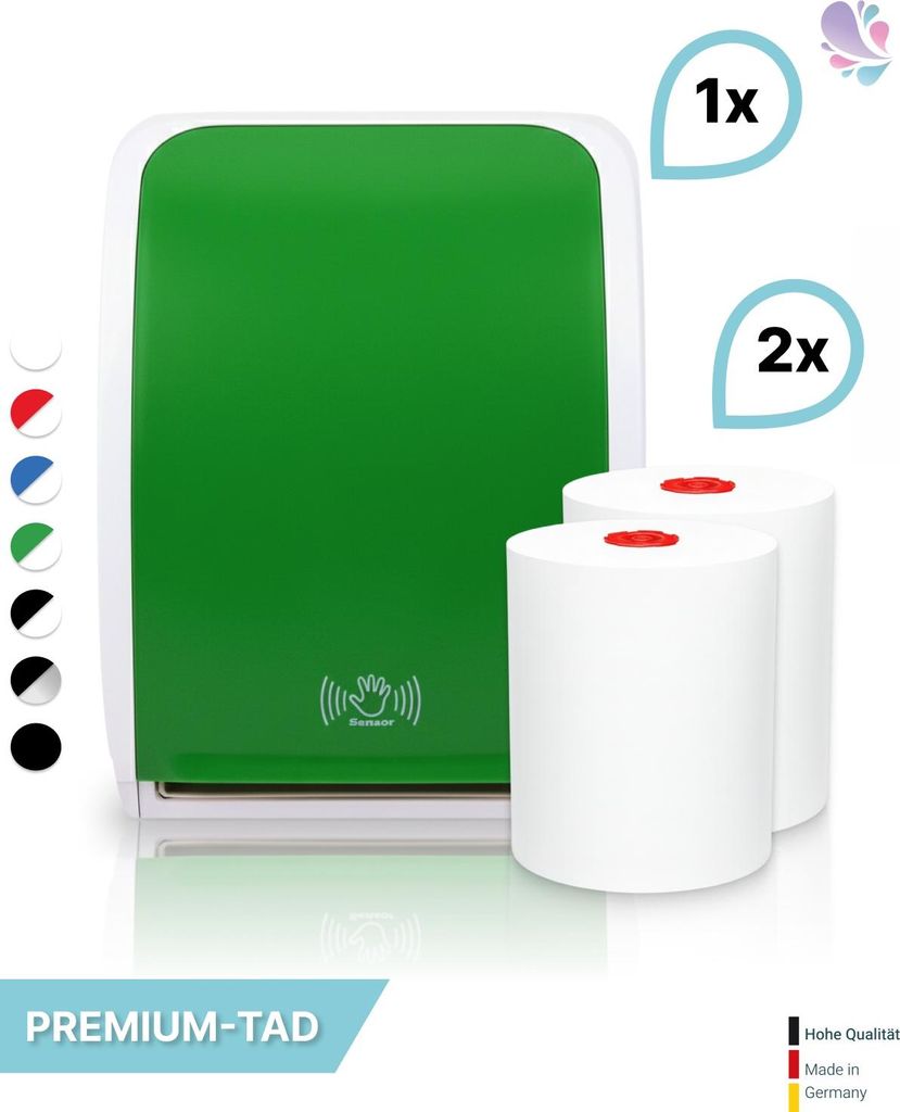 SET: Handtuchrollenspender SENSOR, berührungslos, Blanc Cosmos verschied. Farben + 2 Handtuchrollen PREMIUM TAD - PRODUKTSET : Farbe - Grün / Wei...