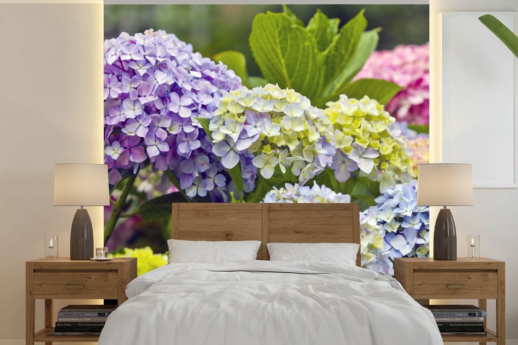 MuchoWow Fototapete für Wohnzimmer oder Schlafzimmer Wandtapete Vinyl Motivtapete Verschiedene Hortensienblüten - 350x350 cm - Schlafzimmertapete