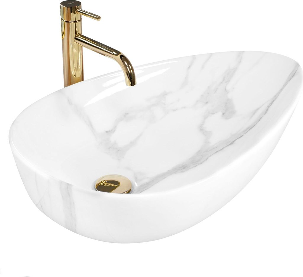 A white oval countertop sink with a marble pattern and a gold faucet.