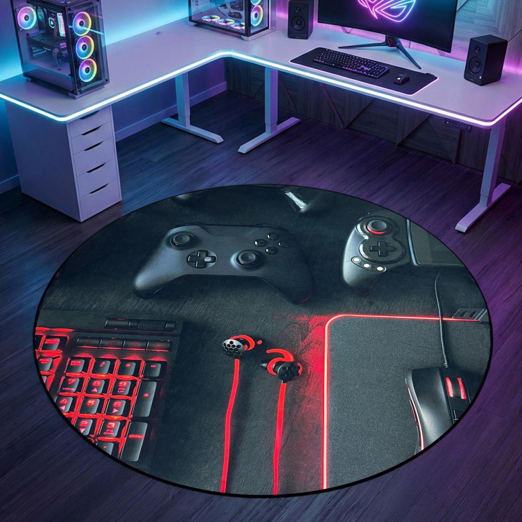 Epischer bedruckter Gaming-Teppich mit Konsole und Joysticks in elegantem Schwarz und leuchtendem Rot Größe - 120 cm Rund