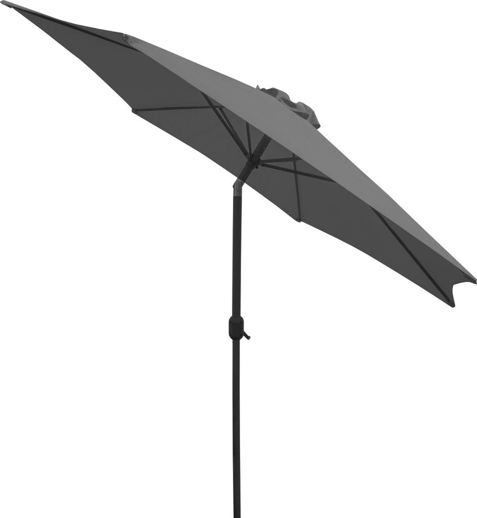 A gray patio umbrella is shown against a white background.