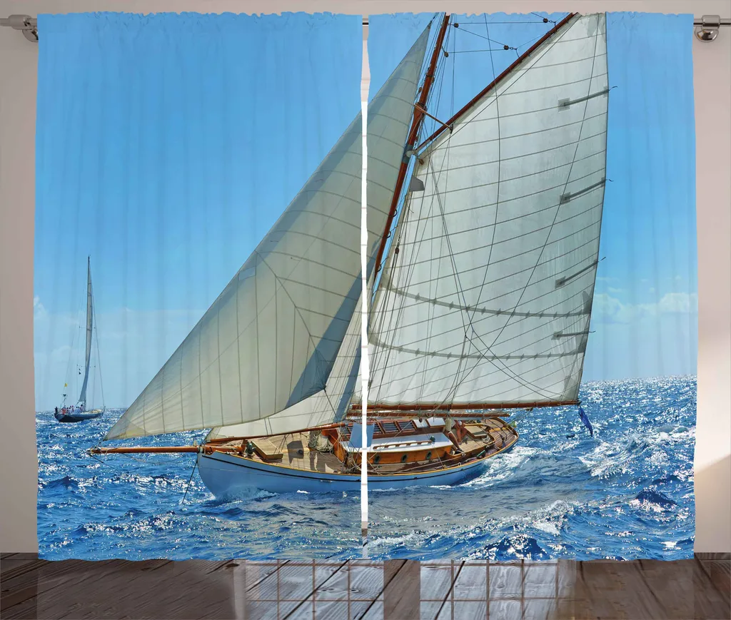 ABAKUHAUS Tenda rustica in stile nautico, regata di barche a vela, tenda con passanti e ganci per camera da letto, 280 x 175 cm, marrone bianco blu
